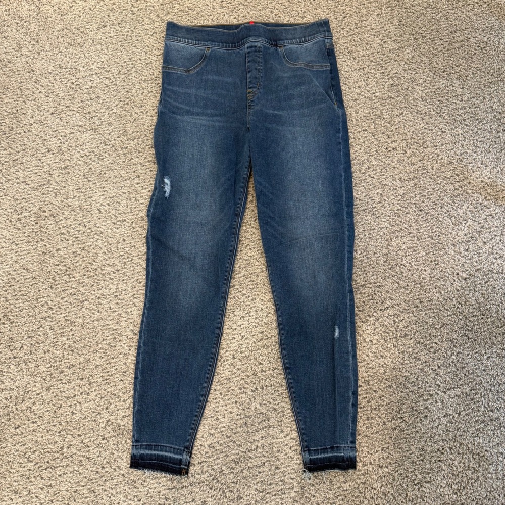Spanx Jean-ish Ankle Skinny Leggings Dark Wash Distressed Raw Hem Large